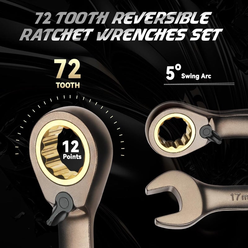 DISEN 12-Piece Reversible Ratcheting Wrench Set, Combination Wrench Set Metric 8-19MM, 72-Tooth, CR-V Steel, Nickel Plating, Crank Design with Organizer Rack - Image 4